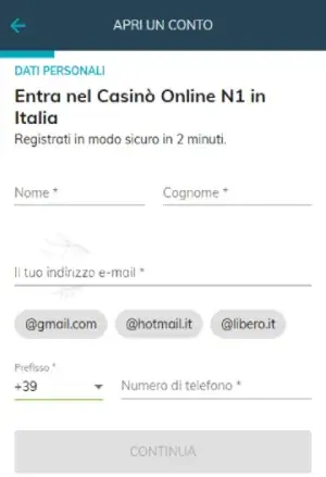 modulo di registrazione dati personali su starcasinò Italia